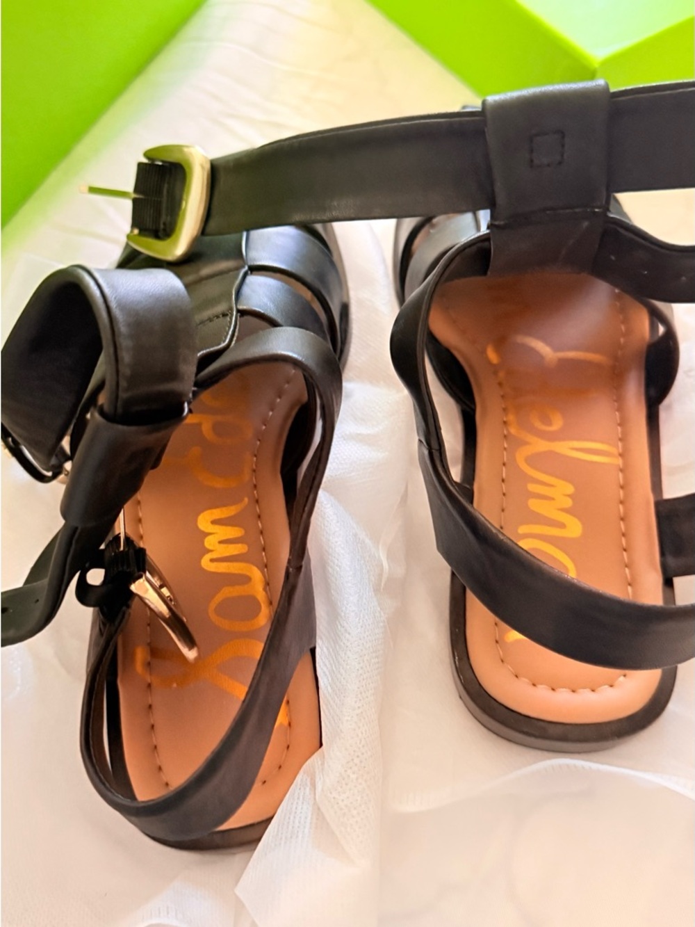 Sam Edelman Black Strappy Leather Sandals with Gold Buckle